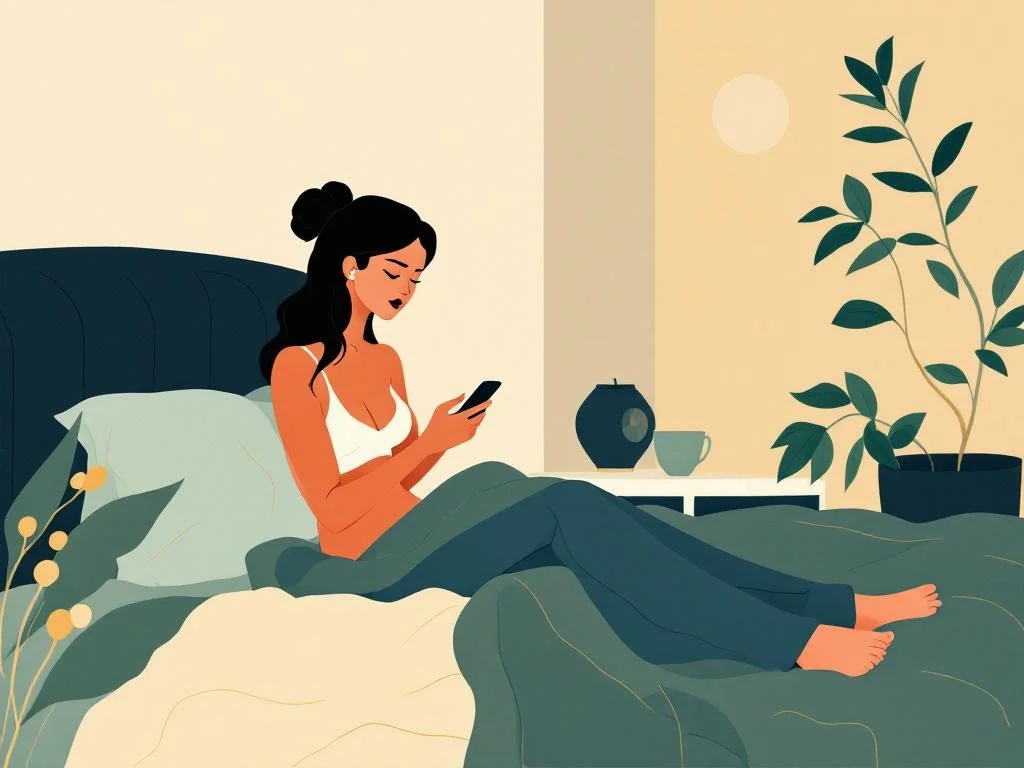 A bedroom at evening, the wife sitting on the edge of the bed, half-dressed, looking at her phone with a settled rather than agitated expression. The husband out of frame. Editorial, observational, not melodramatic.